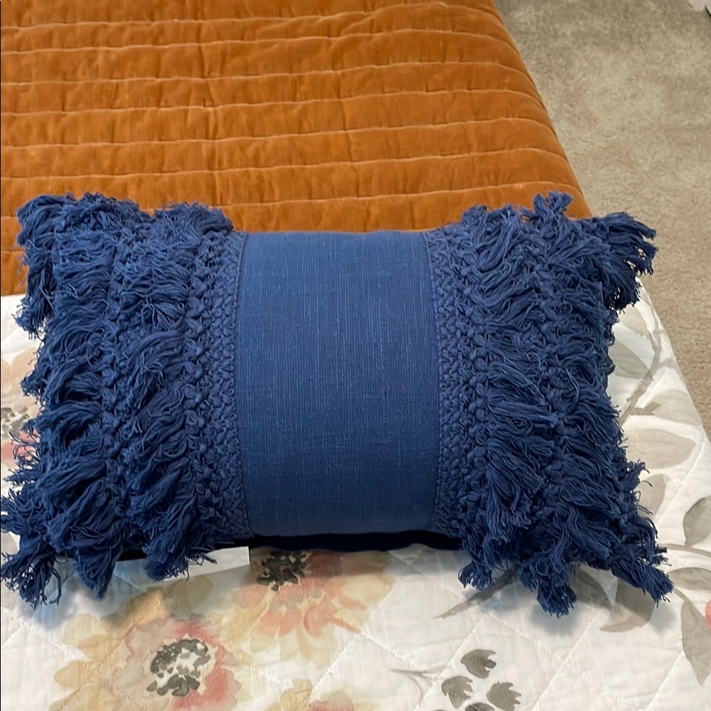 Blue Boho Fringe Accent Pillow